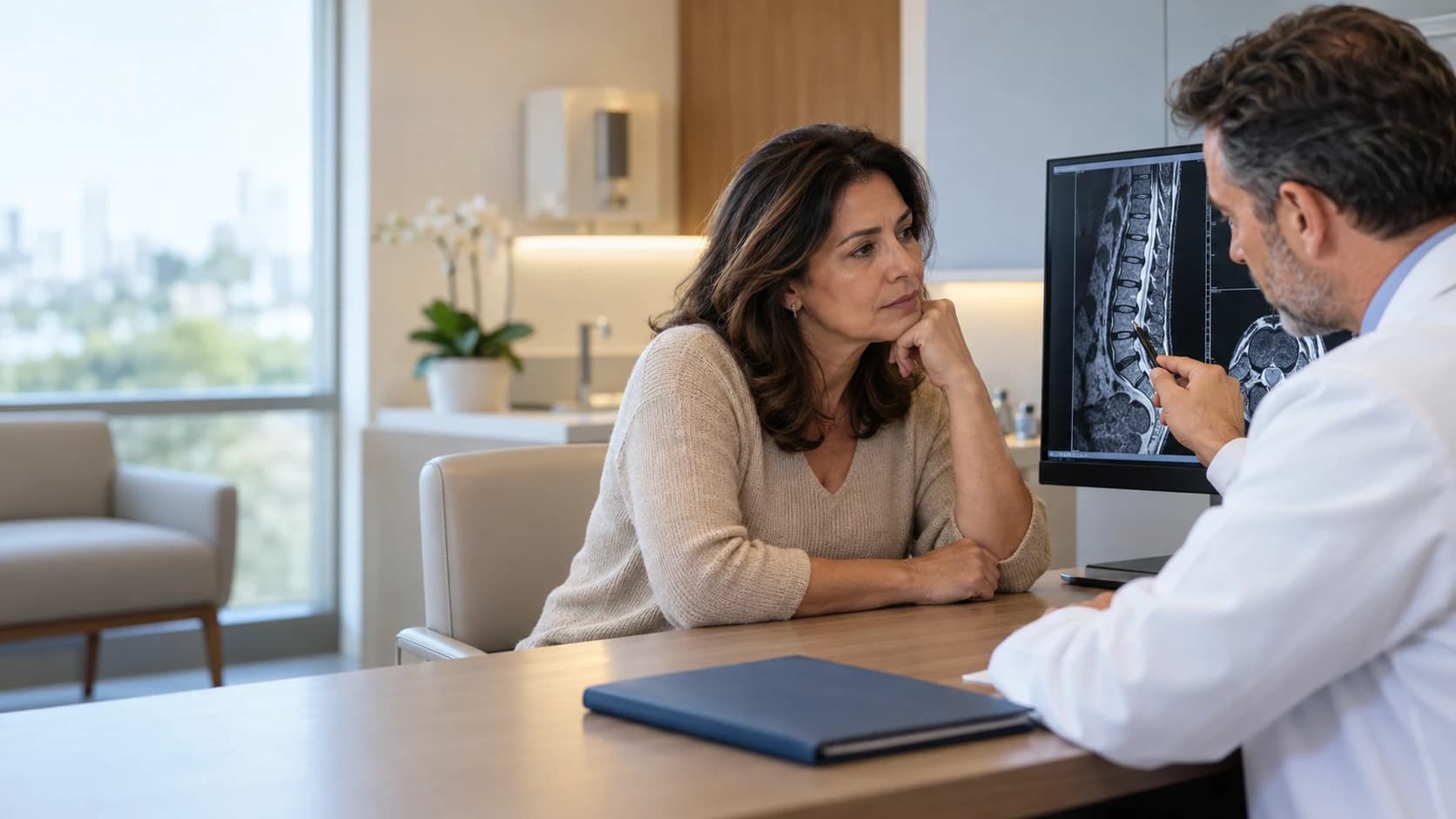 Paciente conversa com médico enquanto observam um exame de imagem da coluna em um consultório.